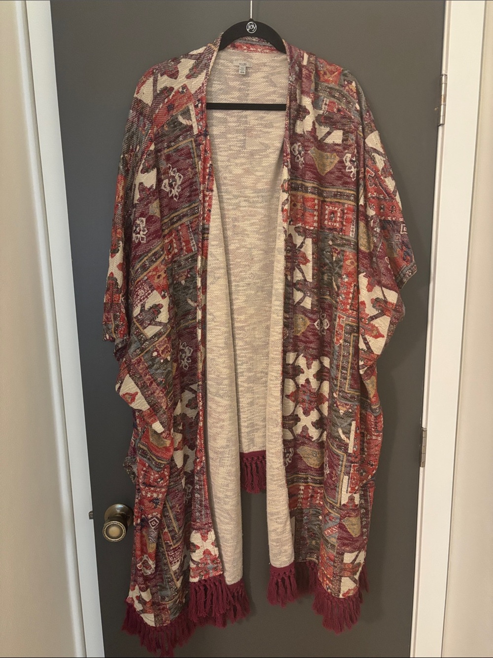 Ecote Multi-Color Patterned Open Front Cardigan with Fringe